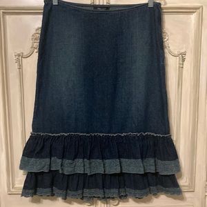 Karen Kane sz10 Jean Midi Skirt with Double Ruffle Side zip Embroidered Lace